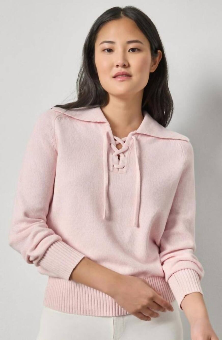 Lilla P Lace Neck Polo Sweater Peony Marl Pink S NWT Minimalist Coastal Chic
